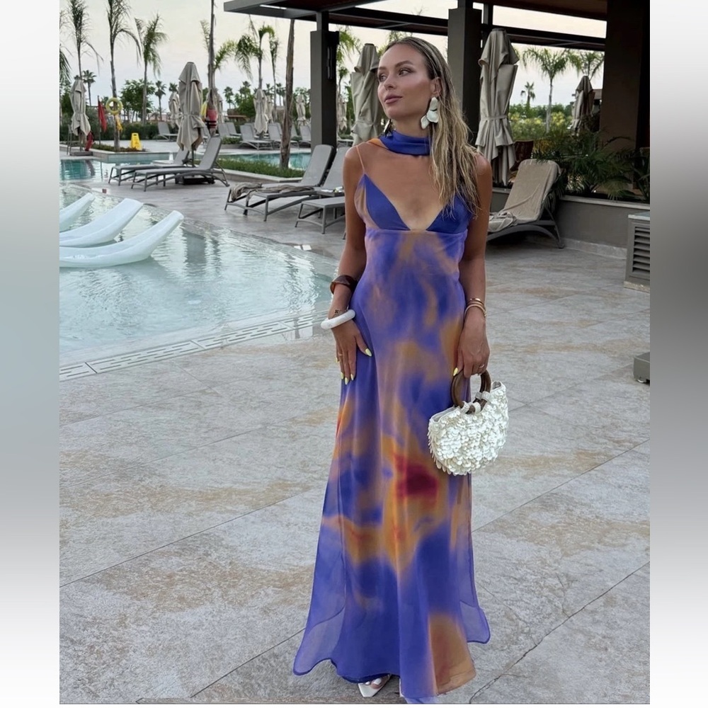 ZARA FOULARD PRINT TULLE LONG HALTER DRESS - Picture 4 of 10